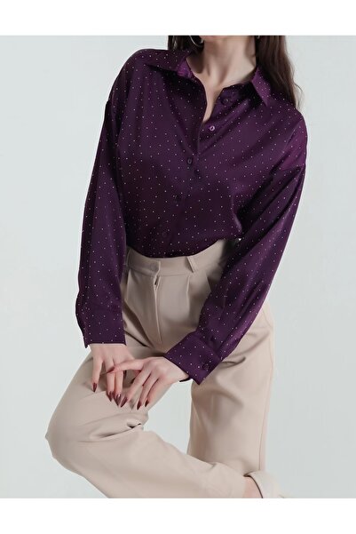 diğer588 Mor Taşlı Saten Kadın Gömlek