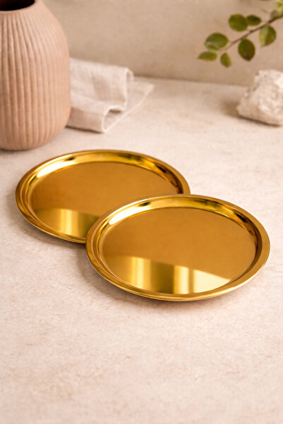 DİVAYS 21 cm Gold Stainless Steel Appetizer Serving Presentation Plate 2 Piec...
