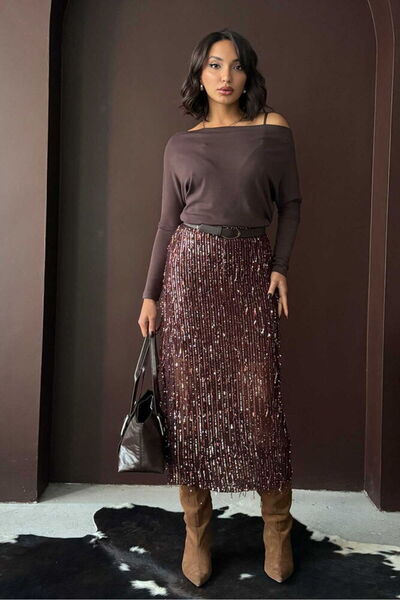 Caddebostan Moda Women's Sequined Fringed Midi Length Stylish Evening Dress S...