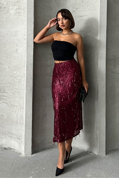 Caddebostan Moda High Waist Sequined Fringed Stylish Skirt with Tuy Detail Mi...