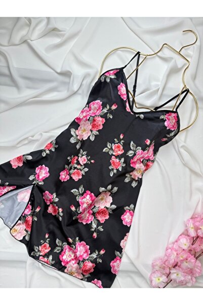 ROZENİN LINGERIE Satin Strap Slit Mini Nightgown