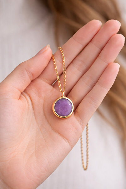 POYASE Mor Doğal Taşlı Yuvarlak Kolye Altın Renk Zincirli Şık Günlük Kadın Kolye