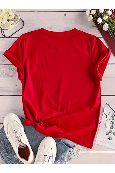 ship master Women's Bow and Text Printed 100% Cotton Oversize Red T-Shirt