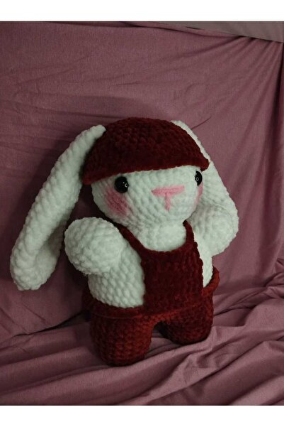 Loopie örgü El Yapımı Tavşan Oyuncak-Kırmızı Tulumlu Amigurumi