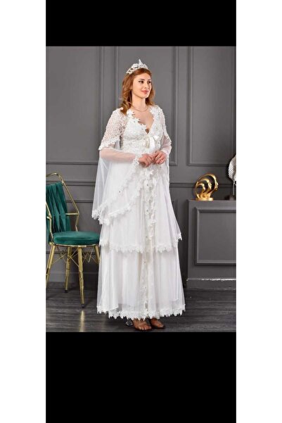 Moda81 Dantelli saten gecelik sabahlık kadın takımı, çeyiz gelinlik seti