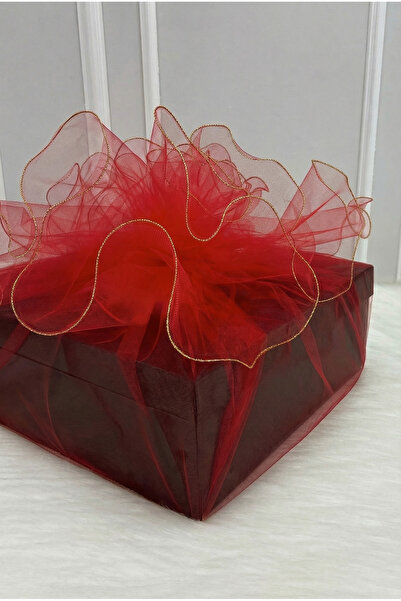 ZEYMERADE Bohça Ornament Tulle Red, Gold Overlock Edge, Dowry Bride Groom Eng...