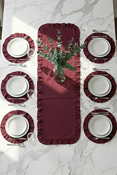 ACELEYOLLA Fırfırlı Runner ve Amerikan Servis Seti – 7 Parça Şık Masa Örtüsü ...