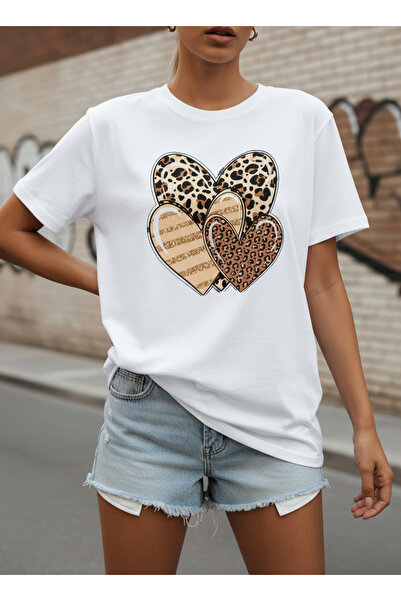 ship master Tricou de damă din bumbac cu imprimeu leopard alb, cu model inimă...