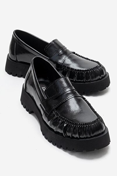 Lizy Shoes Women's Black Shiny Leather Loafer Thick Sole Casual Shoes