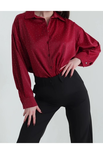 diğer588 Bordo Taşlı Saten Kadın Gömlek