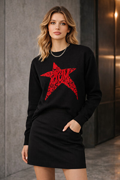 GAFE MODA Kadın YILDIZ Oversize Triko Kazak - Yumuşak Dokulu Bisiklet yaka