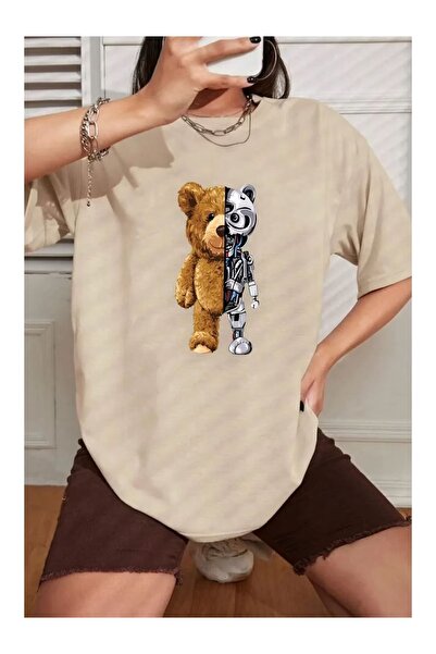 ship master Beige Women's Teddy Bear Robot Printed Cotton T-Shirt Oversize Un...