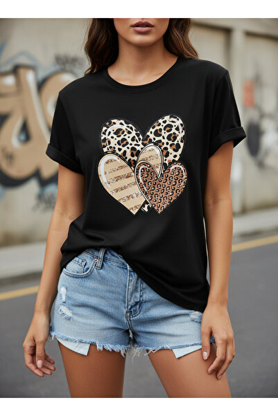 LAND MODA Μαύρο γυναικείο βαμβακερό μπλουζάκι με στάμπα καρδιάς, Oversize, κα...