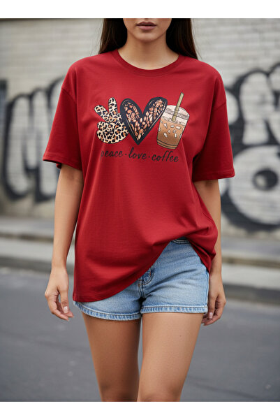 ship master Red Women's Coffee Printed Cotton T-Shirt Oversize Peace Love Cof...