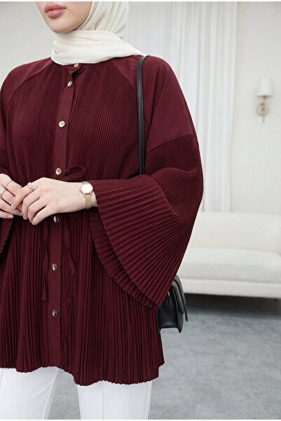 HİJABAYA Gold Düğmeli önü Ve Kolları Pliseli Bağcıklı Gömlek
