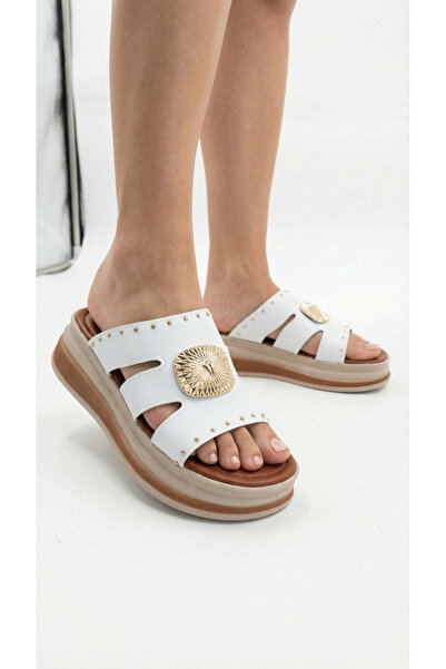 Limeo Square Thick Gold Buckle Detailed High Heeled Comfortable Women's Summe...