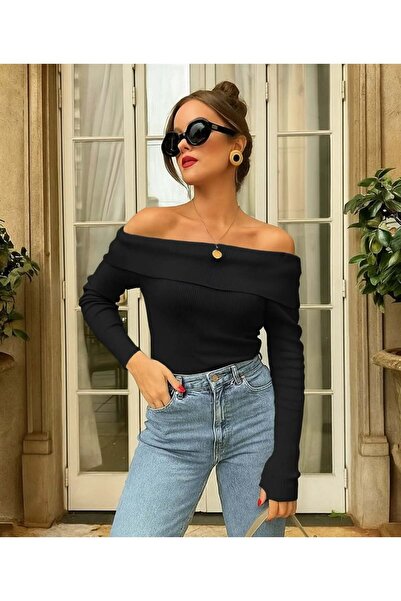 Celiora Kadın Kayık Yaka Omuz Açık Fitilli Triko Bluz Uzun Kollu Slim Fit Bas...