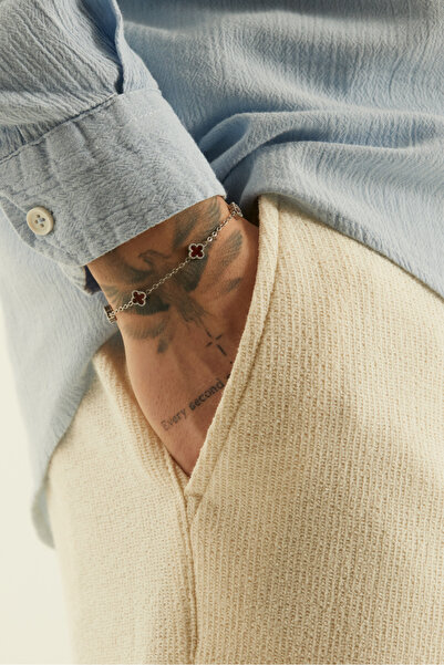 Fjellor Unisex Silver Claret Red Small Size Figured Design Steel Bracelet