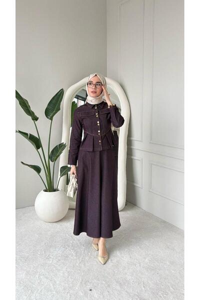 Esra Butik78 Kadın Lacivert Mor Etekli Kot Tesettür Takım Düğme Detaylı Denim...