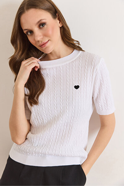 Olalook Women's White Heart Embroidered Hair Braided Seasonal Knitwear Blouse...