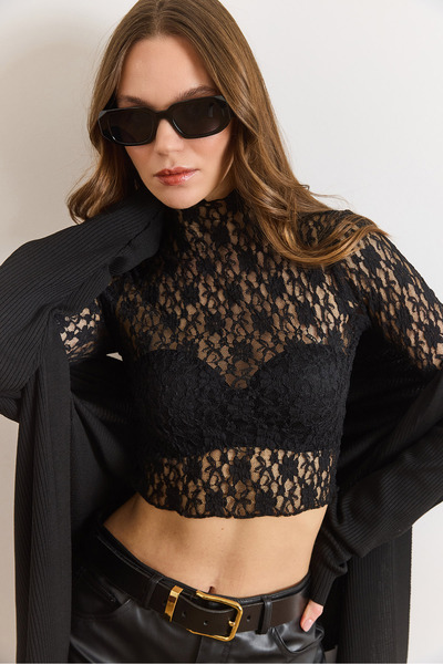 Olalook Women's Black High Neck Crop Lace Blouse Blz-19003229