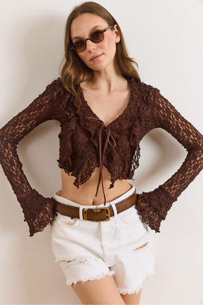 Olalook Women's Brown Lace-Up Detailed Boho Lace Blouse Blz-19003228