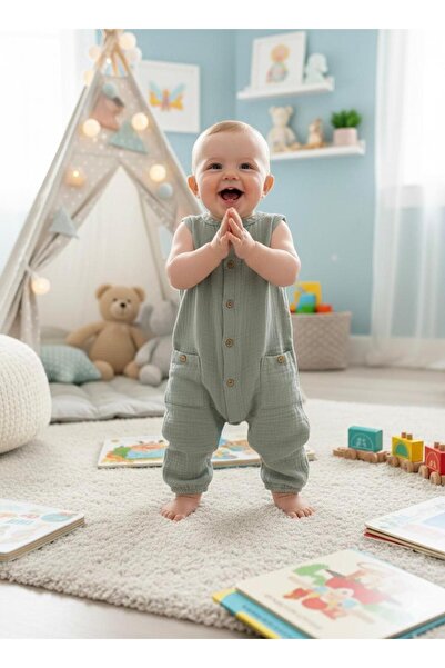 Tiffany Baby Green Theme Müslin Bebek Kolsuz Tulum 65024