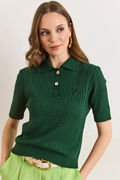 Olalook Women's Emerald Green Bow Embroidered Polo Collar Hair Knit Seasonal ...