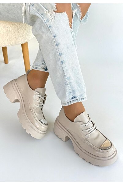 Celira Beige Patent Leather Wedge Heel Oxford Women's Shoes