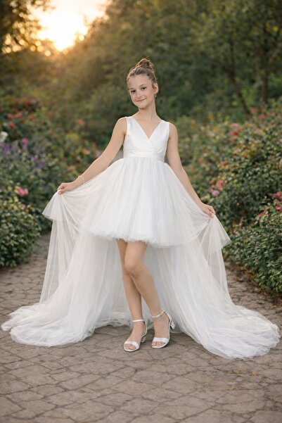 nsmkidslife Κοριτσίστικο Λευκό Φόρεμα με Κοντό Μπροστινό και Μακρύ Πίσω Μέρος...