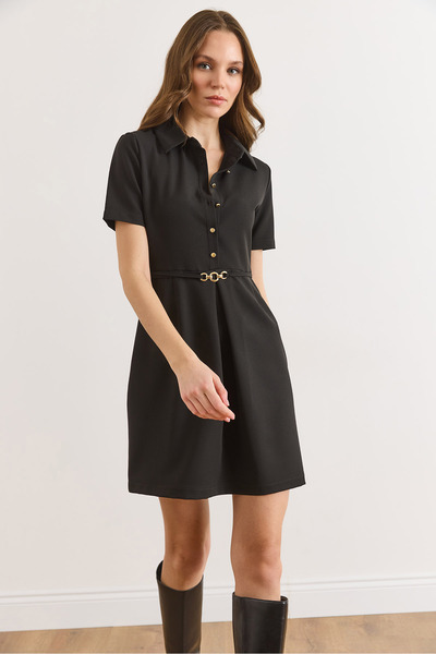 Olalook Women's Black Half-Length Buttoned Belted Mini Flared Dress Elb-19002591