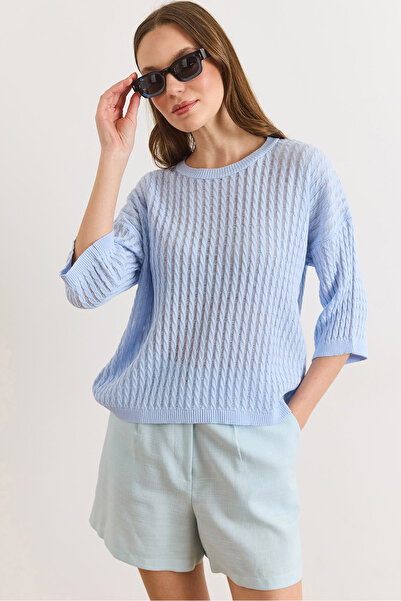 Olalook Women's Baby Blue Hair Braided Openwork Loose Fit Seasonal Knitwear B...