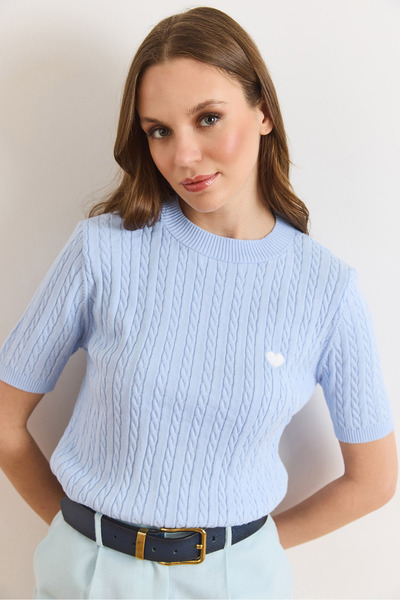 Olalook Women's Baby Blue Heart Embroidered Hair Braided Seasonal Knitwear Bl...