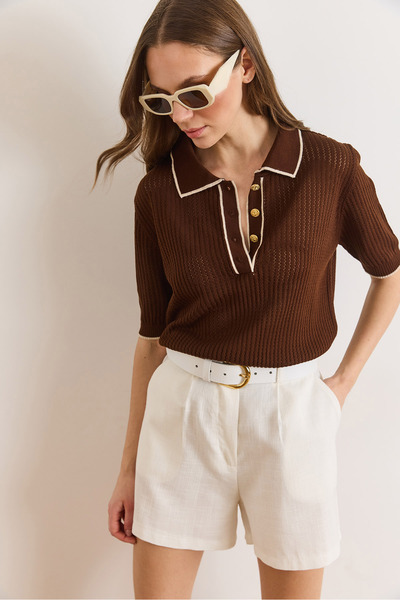 Olalook Women's Brown Stripe Detailed Polo Collar Openwork Knitwear Blouse Bl...