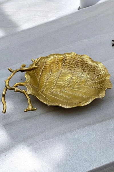 LEMİ DEKORASYON Döküm İstiridye Yaprak Dekoratif Bronz Tabak 40x30 Cm