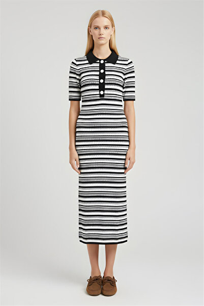Perspective Siyah Ekru Çizgili Gömlek Yaka Midi Triko Elbise