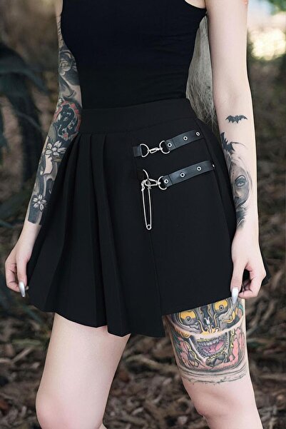 harmony factory Black Anime Harajuku Punk Leather Belted Mini Skirt Women Gothic