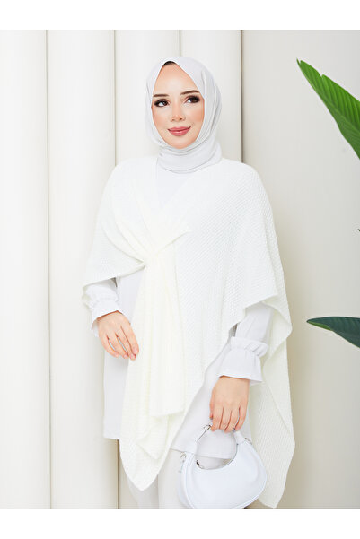 MODAMERSİ Women's Ecru Front Detailed Poncho Cardigan