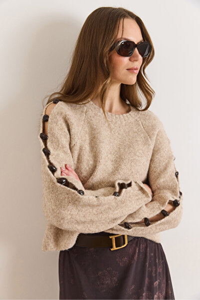 Olalook Women's Stone Sleeve Low-Cut Stone Detailed Soft Textured Sweater Kzk...