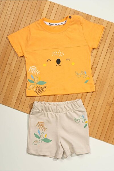 agugu Koala Face Print and Floral Pattern 2-Piece Baby Set Orange