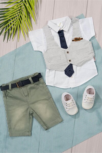 agugu Striped Vest and Bow Tie Boys' Set White