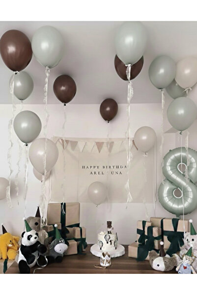 Çemrek Süs Parti Beige Brown Light Mint Balloon and Number Balloon Set 21 Pieces