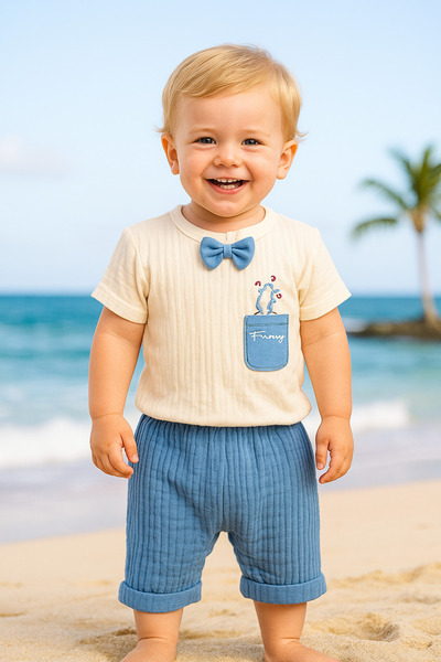 agugu Bow Tie and Embroidery Detailed 2-Piece Muslin Baby Boy Set Blue