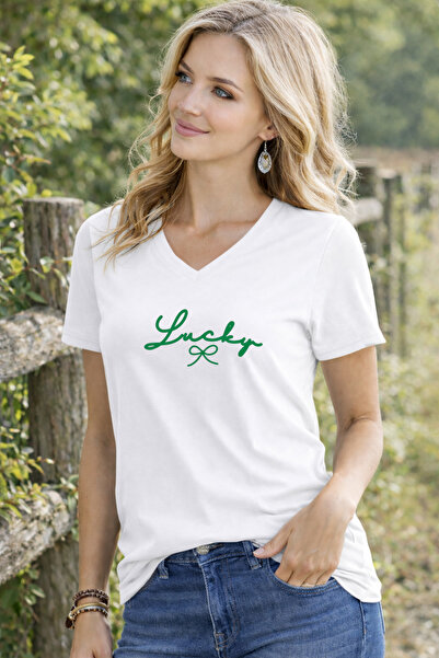 LORVEX Γυναικείο T-Shirt με λαιμόκοψη V LUCKY με στάμπα – Άνετη εφαρμογή για ...
