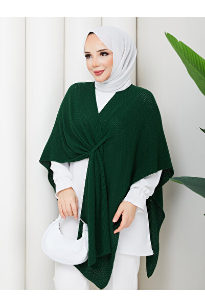 MODAMERSİ Women's Emerald Green Front Detailed Poncho Cardigan