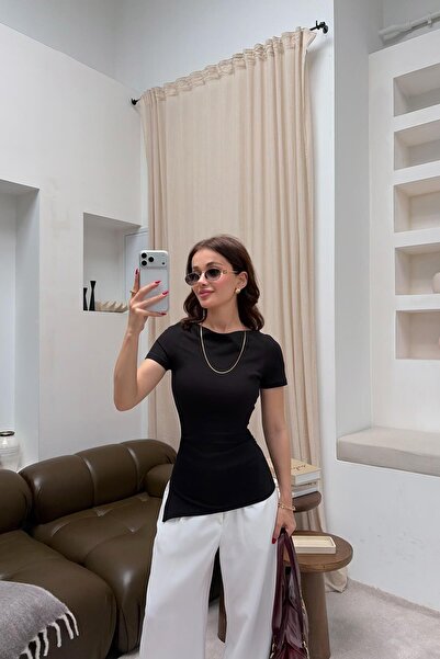 mylove Drapeli Boat Neck Blouse Black