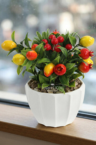 Yapay Çiçek Deposu Miniature Fruit Garden Arrangement in White Pot 20 cm