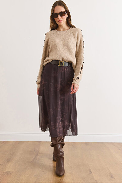 Olalook Women's Bitter Brown Belted Lined Batik Tulle Skirt Etk-19000402