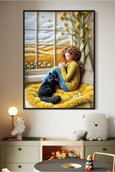 ARTAN GALLERY Çocuk Odası Duvar Tablosu | Sevimli Kız ve Kedi | İtalyan Kadif...