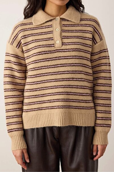 Noi Belis Basic Oversized Polo Collar Half Placket Buttoned Knitwear Sweater ...